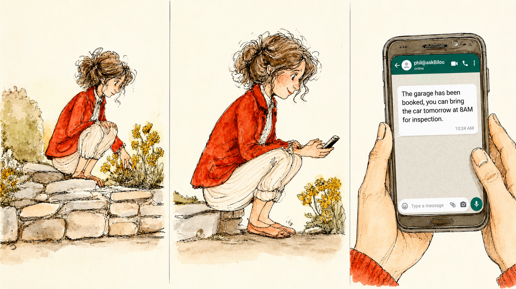 Margot — in her garden, hands in soil, while Bilou rebooks her doctor