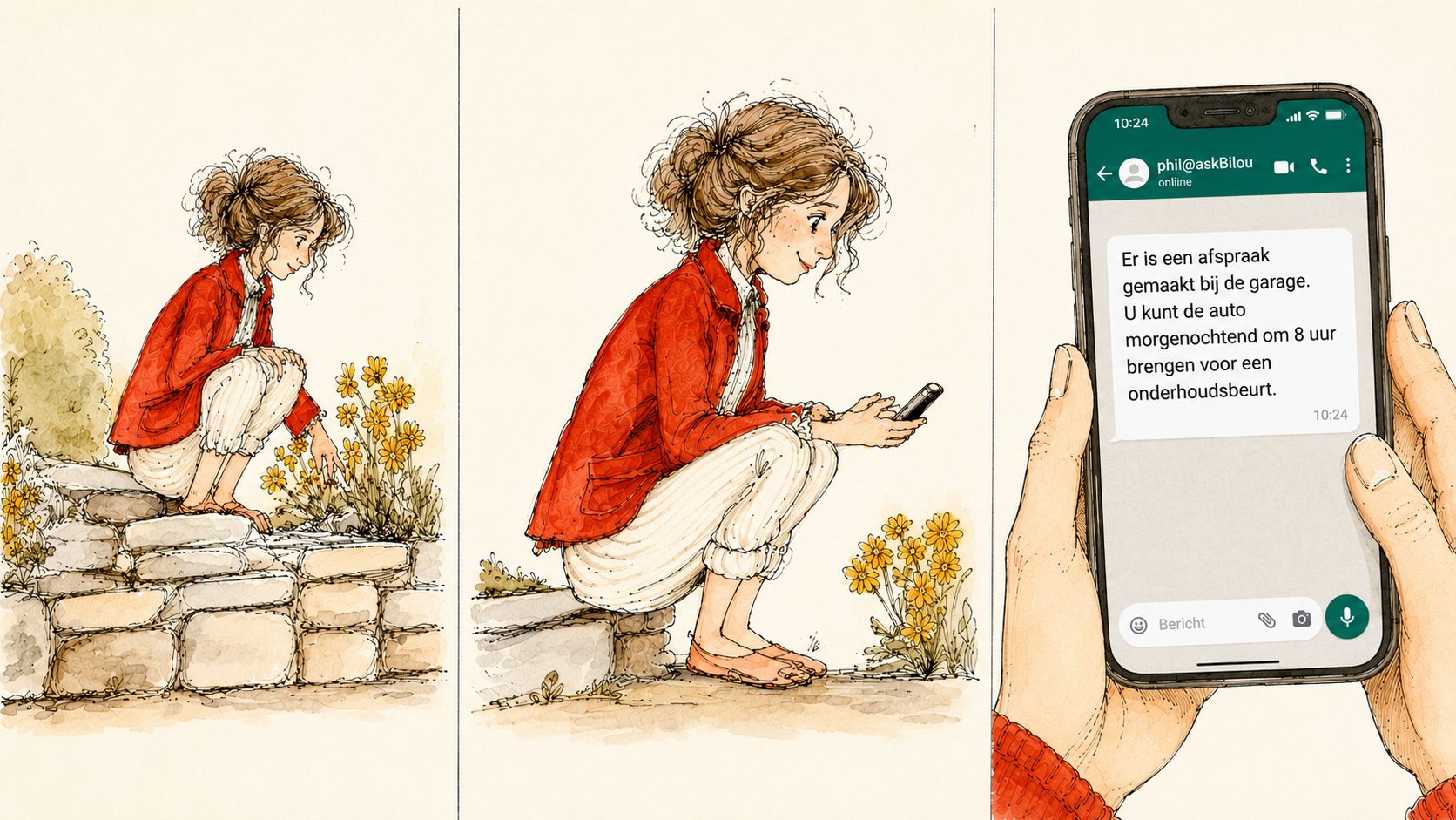 Margot — in haar tuin, handen in de aarde, terwijl Bilou haar doktersafspraak herverschikt